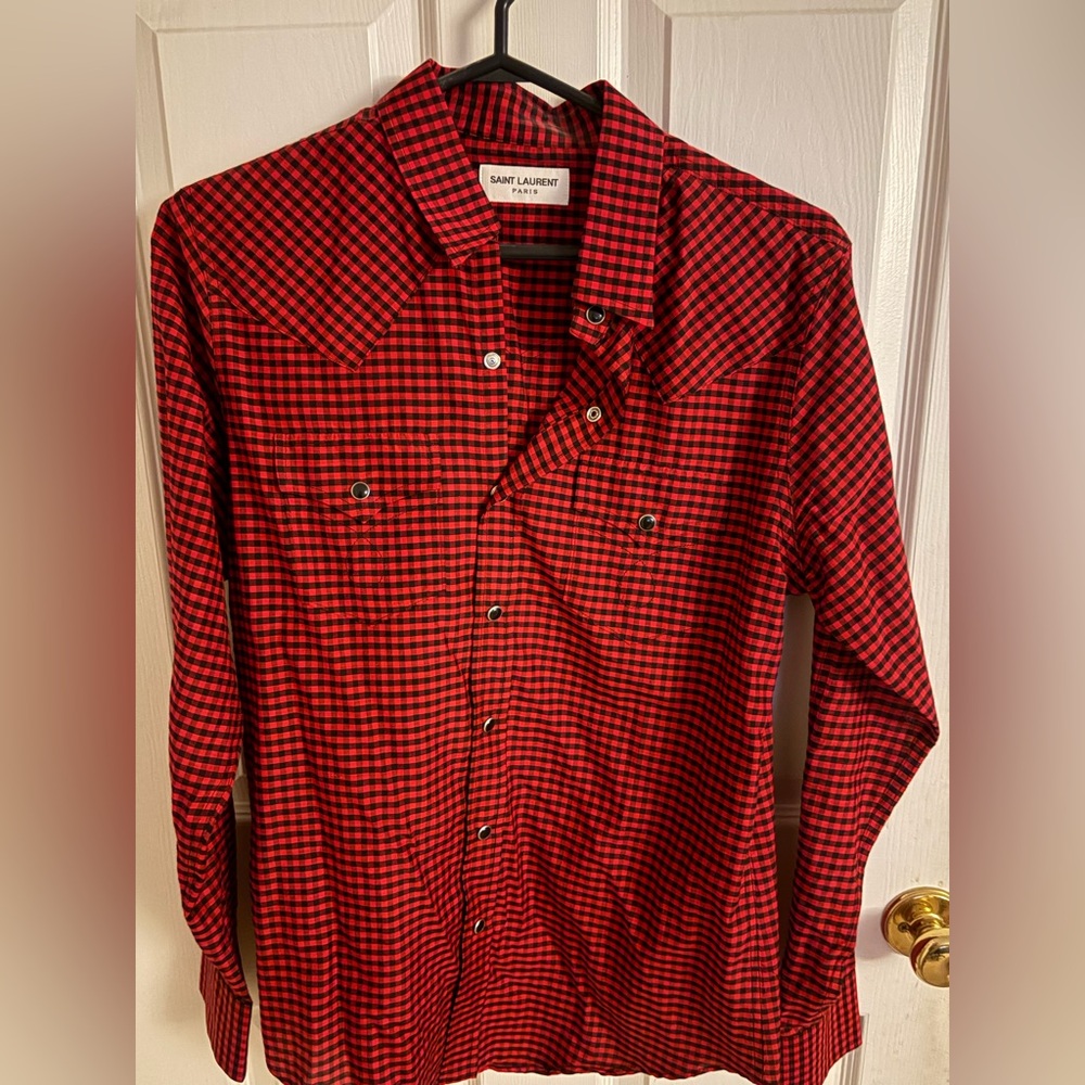 Saint Laurent Red and Black Gingham Button-Down Western Shirt